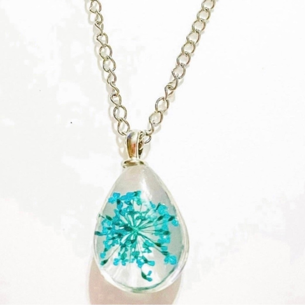 Blue Pressed Flower Glass Teardrop Pendant Necklace